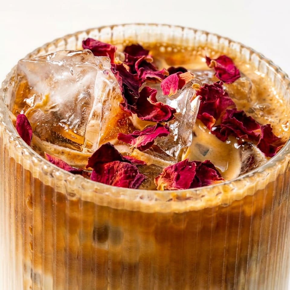 Iced coffee with milk, ice cubes, and dried rose petals in a textured glass.